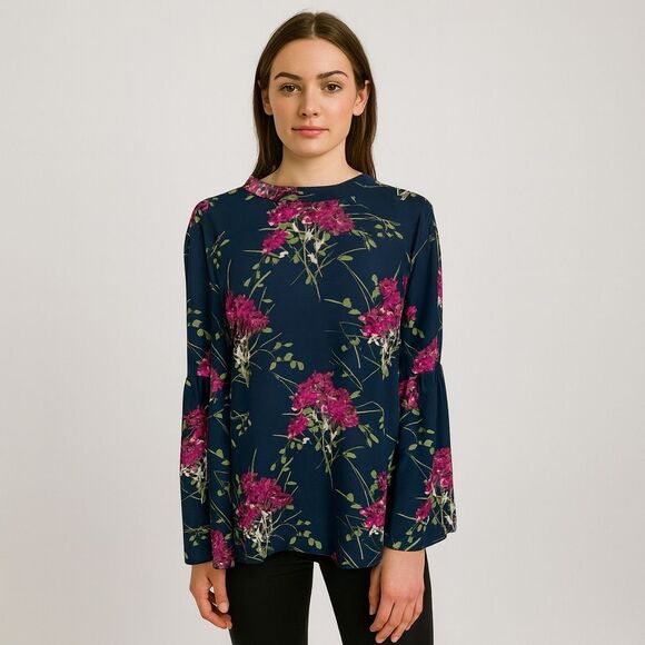 LOFT Black blue purple Long Wide Sleeve Lightweight Floral Blouse Tow Back M - Picture 1 of 12